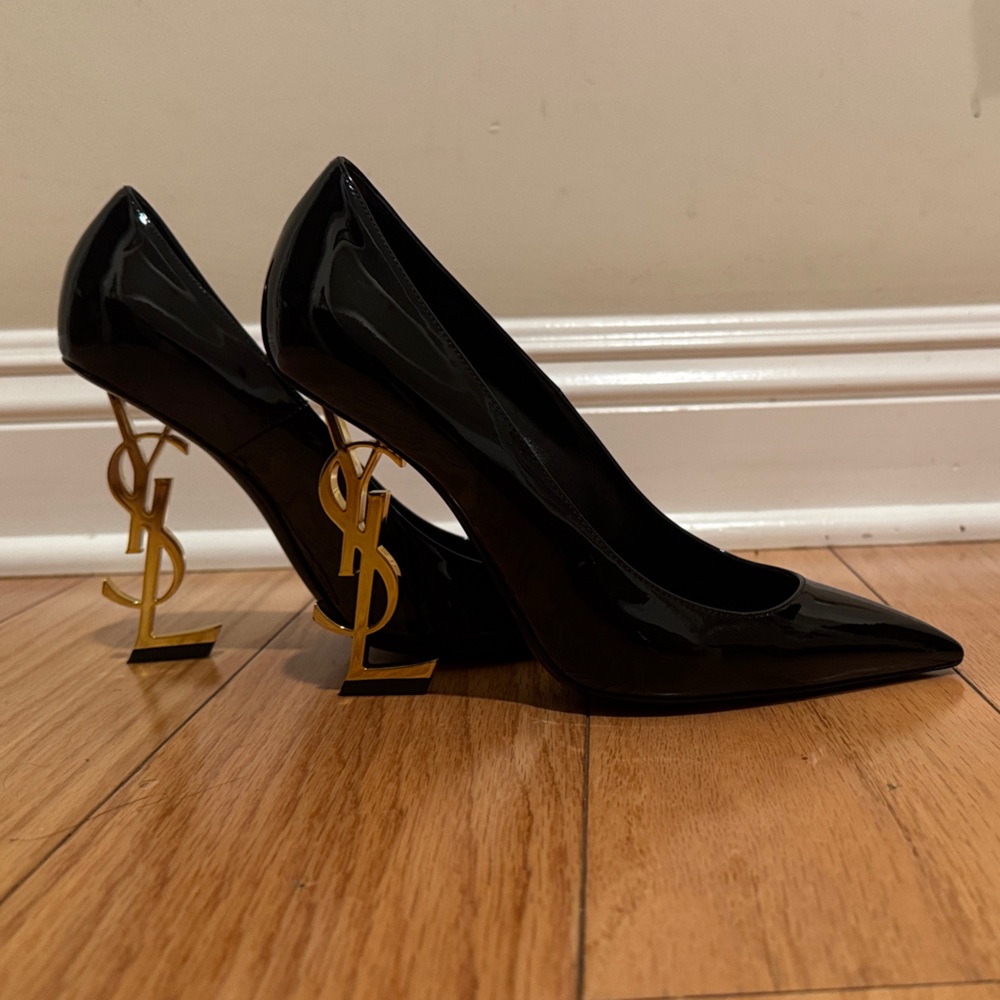 Saint Laurent Black Patent Pumps with Gold YSL Logo Heel